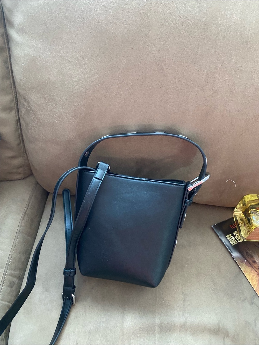 Madison West Black Leather Crossbody Bucket Bag